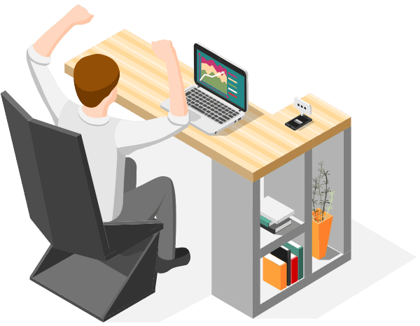 Ilustração de profissional celebrando sucesso em frente ao notebook com gráfico em alta