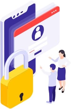 Ilustração de cadastro seguro: cadeado, tela de login e pessoas configurando a conta