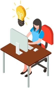 Ilustração de pessoa no computador com lâmpada, representando ideias e escolha de campanhas
