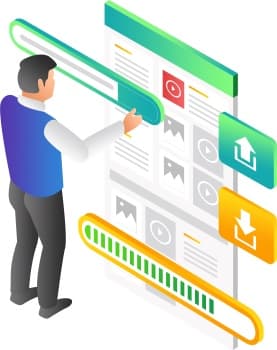 Ilustração de painel digital e ícones de upload e download para gerar e compartilhar links